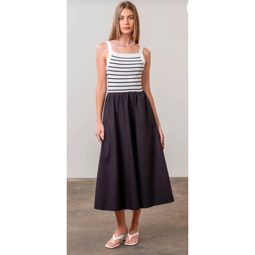 Moon River Black White Striped Knit Midi Dress Cotton Poplin Skirt NWT S